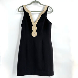 Pappagallo Black Shift Dress Sz 6 Gold Beaded Trim Sleeveless Textured Mod Vtg
